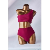 Lovely One Shoulder Wine Red Two-piece Swimsuit