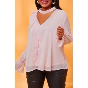 Lovely Leisure Flounce Pink Plus Size Blouse