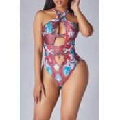 Lovely Print Hollow-out Multicolor One-piece Swims