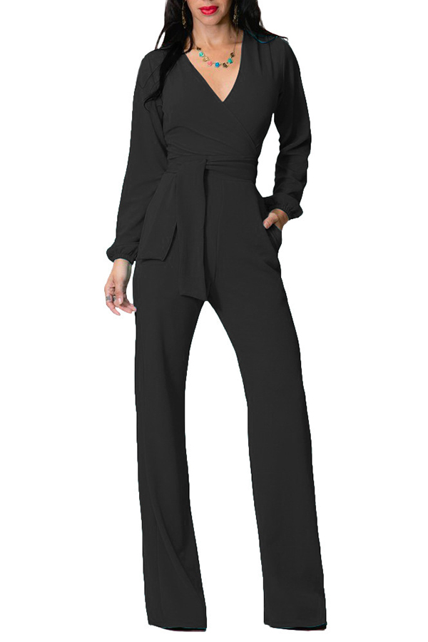 Lovely Street V Neck Loose Black One-piece Jumpsuit