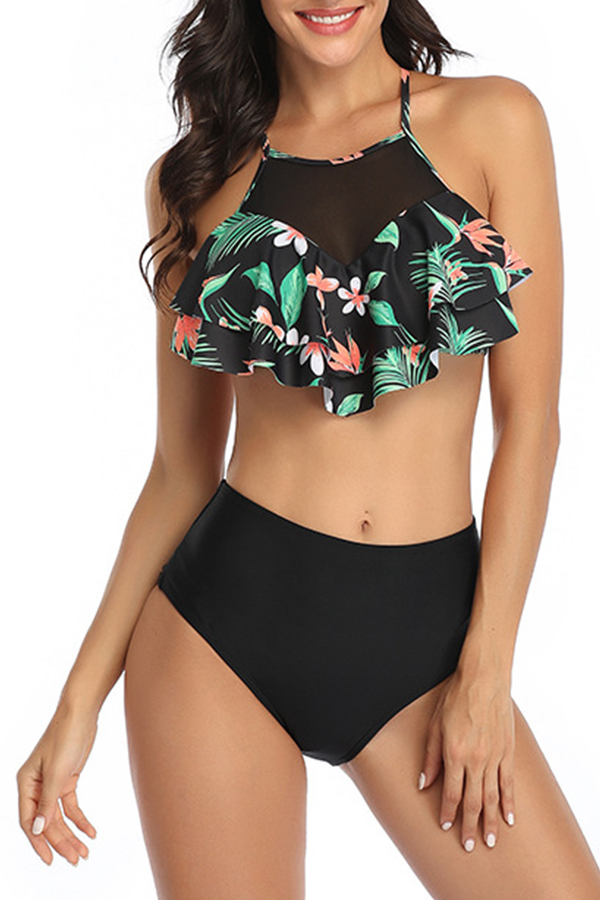 Lovely Floral Print Green Bathing Suit Two-piece Swimsuit