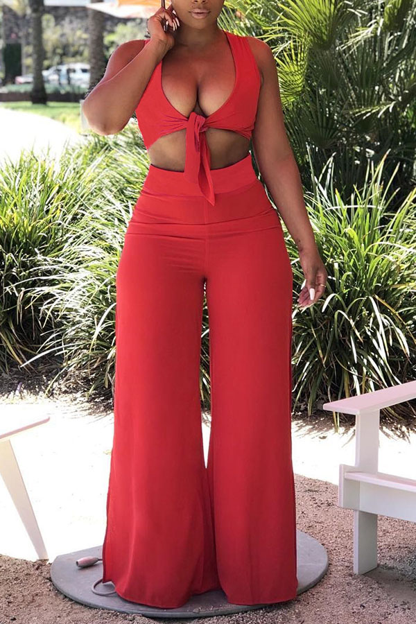 Lovely Trendy Knot Design Red Two-piece Pants Set