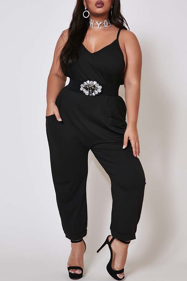 Lovely Sexy Basic Black Brown Plus Size One-piece Jumpsuit