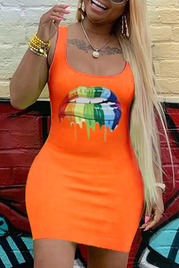 LW Casual Lip Print Orange Mini Dress