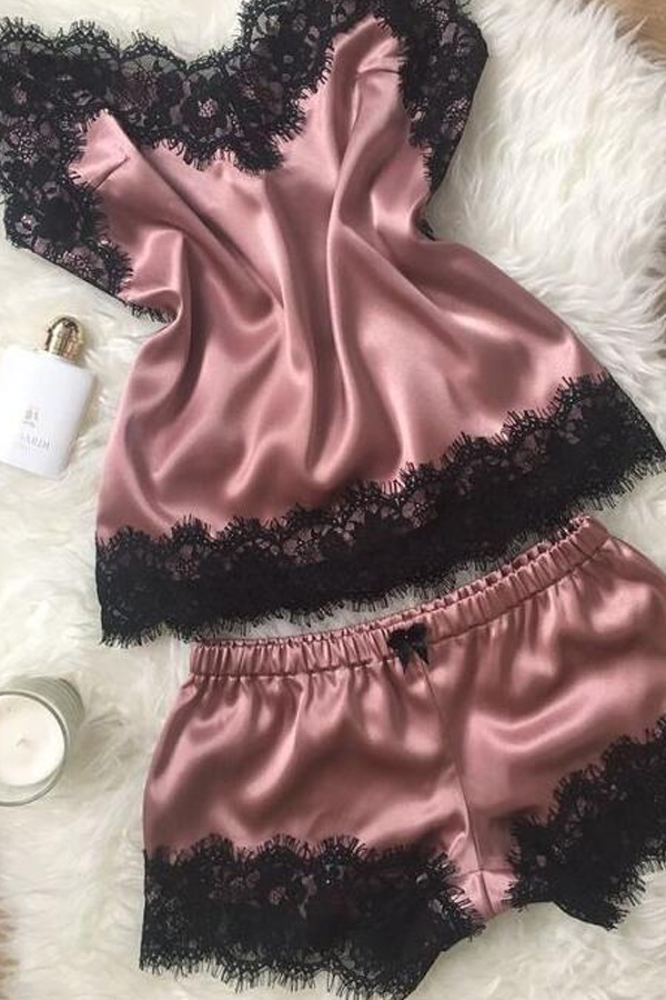 Lovely Sexy Lace Patchwork Dusty Pink Sleepwear