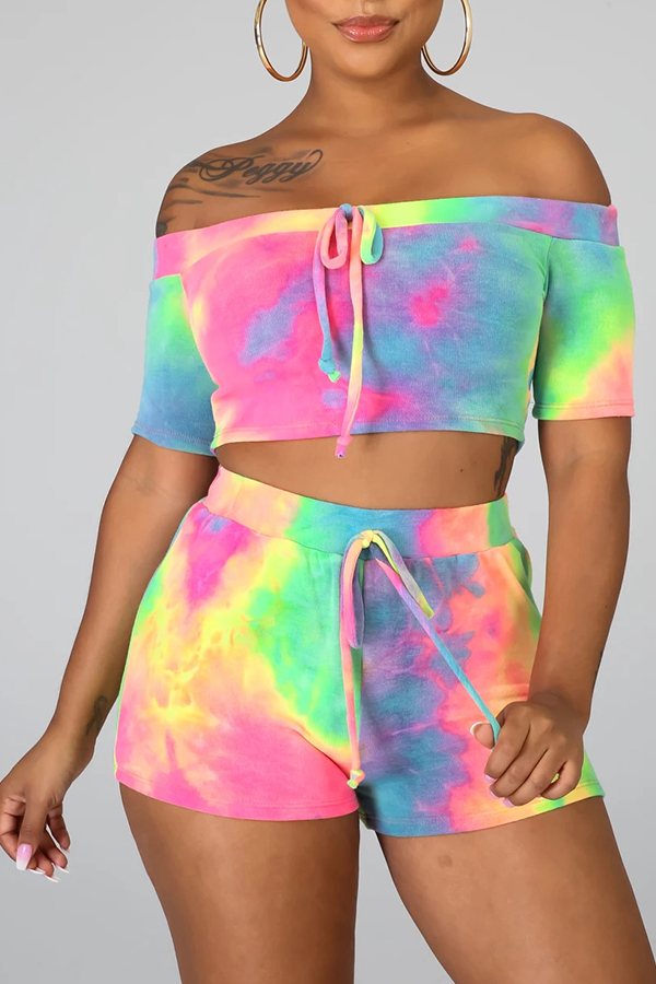 Lovely Leisure Tie-dye Multicolor Two-piece Shorts Set