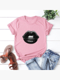 Lovely Casual O Neck Lip Print Dusty Pink Plus Size T-shirt