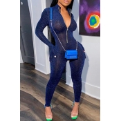 Lovely Street See-through Blue One-piece Jumpsuit
