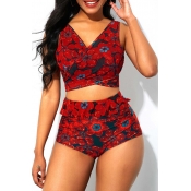 Lovely Floral Print Red Two-piece Swimsuit
