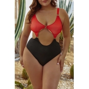 Lovely Patchwork Red Plus Size One-piece Swimsuit