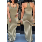 Lovely Casual Striped Army Green Maxi Dress