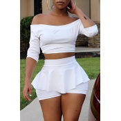 LW Casual Bateau Neck Flounce Design White Shorts 