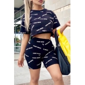 Lovely Casual Letter Print Deep Blue Two-piece Pan