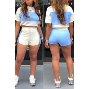 Lovely Chic Patchwork Sky Blue Two-piece Shorts Se