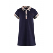 Lovely Chic Patchwork Dark Blue Girl Mid Calf Dres