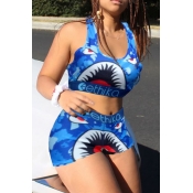 Lovely Casual Letter Printed Blue Two-piece Shorts