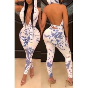 Lovely Casual Backless Print Multicolor One-piece 