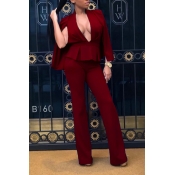 Lovely Trendy Deep V Neck Wine Red Two-piece Pants