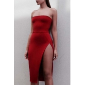 Lovely Sexy Side High Slit Red Knee Length Dress