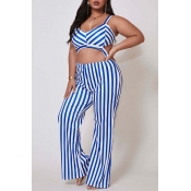 Lovely Trendy Striped Blue Plus Size One-piece Jum