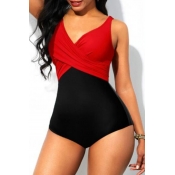 Lovely Patchwork Red Bathing Suit One-piece Swimsu