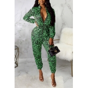 Lovely Casual Leopard Print Green One-piece Jumpsu