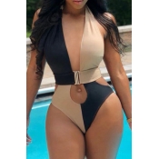 Lovely Patchwork Hollow-out Black One-piece Swimsu
