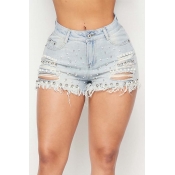 Lovely Trendy Hollow-out Baby Blue Shorts