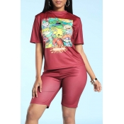 Lovely Casual Print Wine Red Two-piece Shorts Set