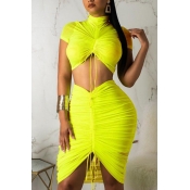 Lovely Trendy Fold Design Yellow Two-piece Skirt S