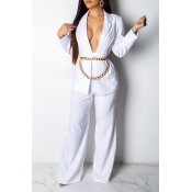 Lovely Casual Deep V Neck White Two-piece Pants Se