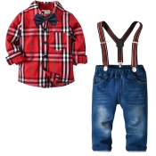 Lovely Stylish Grid Print Red Boy Two-piece Pants 