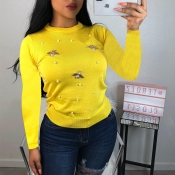 Lovely Casual Pearl Decorative Yellow T-shirt