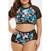 Lovely Lace Print Black Two-piece Swimsuit