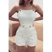 Lovely Stylish Buttons Design White One-piece Romp