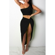Lovely Sexy One Shoulder Side High Slit Black Two-