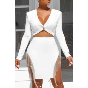 Lovely Trendy Tassel Design White Two-piece Skirt 