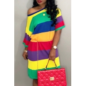 Lovely Casual Rainbow Striped Multicolor Knee Leng