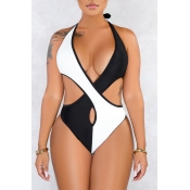 Lovely Cut-Out Patchwork Black And White One-piece