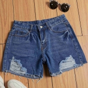 Lovely Casual Broken Holes Blue Shorts