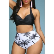 Lovely Print High-waisted Black Two-piece Swimsuit