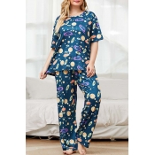 Lovely Casual Print Blue Plus Size Two-piece Pants