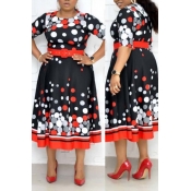 Lovely Casual Print Red Mid Calf Plus Size Dress