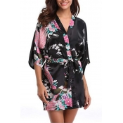 Lovely Leisure V Neck Print Black Sleepwear