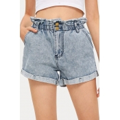 Lovely Trendy Buttons Design Baby Blue Shorts