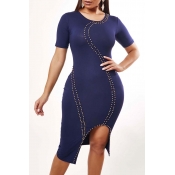 Lovely Casual Asymmetrical Dark Blue Knee Length D