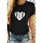 Lovely Casual Heart Print Black T-shirt
