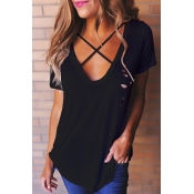 Lovely Leisure O Neck Hollow-out Black T-shirt