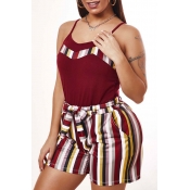 Lovely Casual Striped Red Two-piece Shorts Set