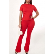 Lovely Casual O Neck Basic Red Two-piece Pants Set